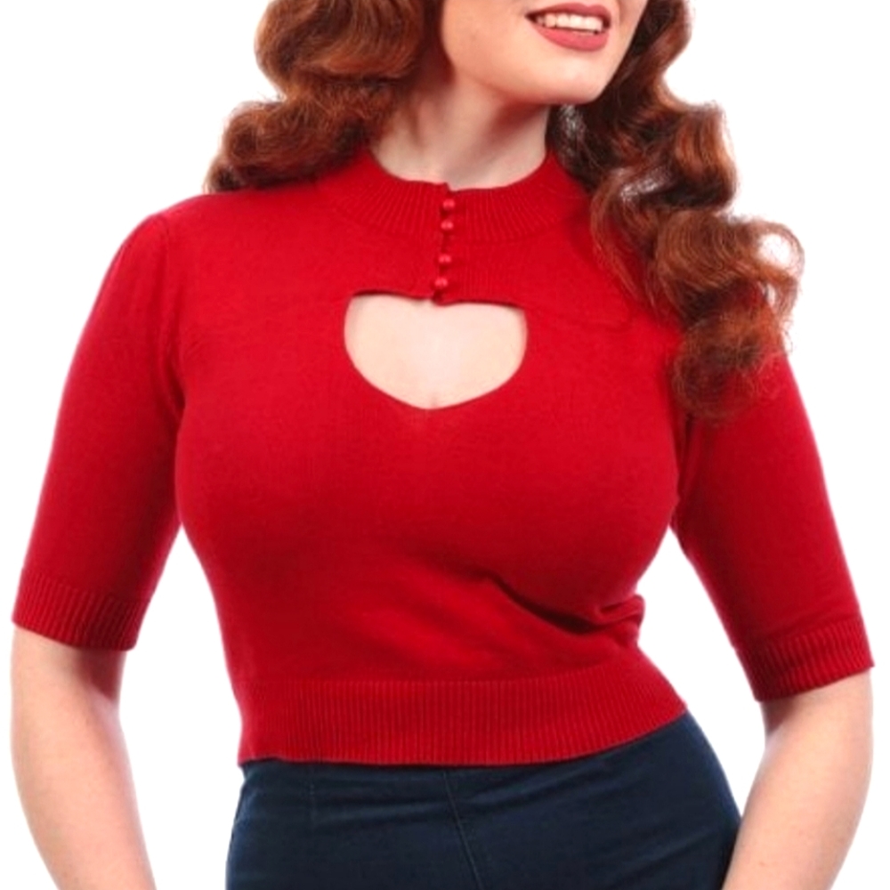 🍒🍒 Cherry Collectif Red Pullover Sweater w/ Buttons Heart Cutout XL L 🍒🍒